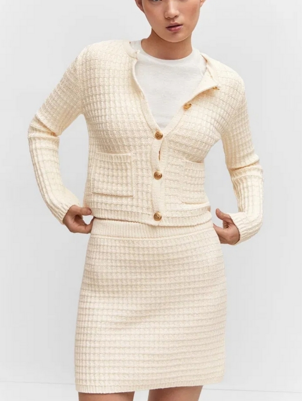Mango Knit Set Cardigan + Skirt Lady Suit 2pc Gold Buttons XL/L Mismatch